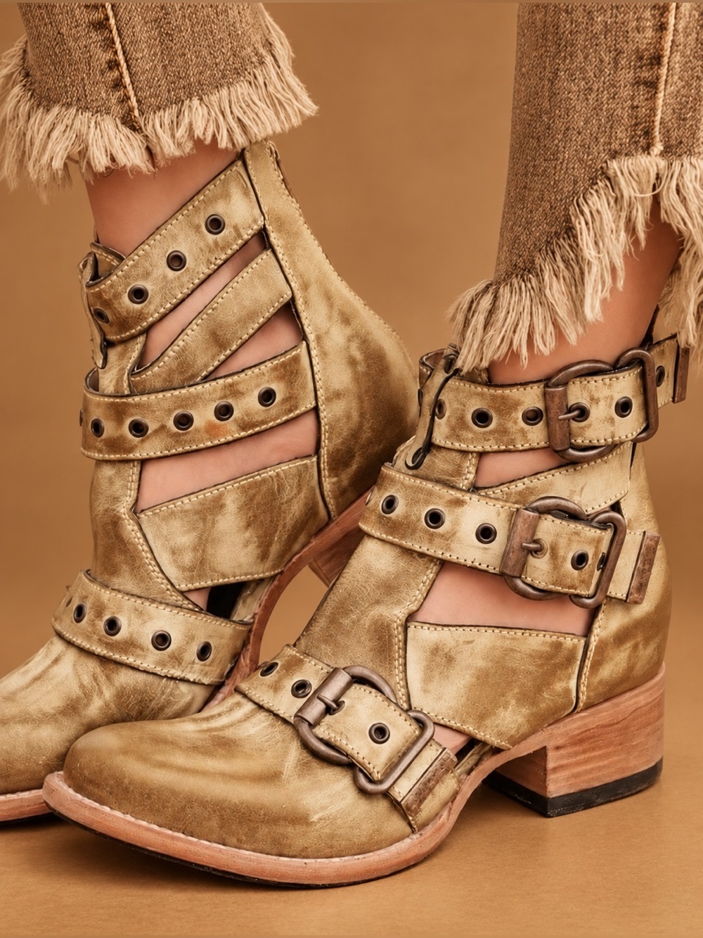 Freebird Grace Banana Leather Buckle Booties Size 7 NEW Box & Dust Bags
